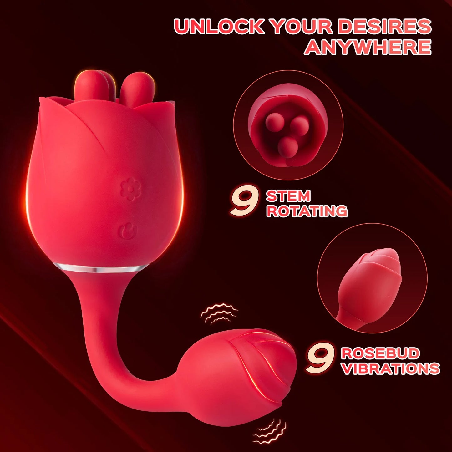 Rose Vibrator, Clitoral Vibrator for Women'sPleasure with 9 Rotating TongueLicking, 9 Vibrating NippleStimulation, and Rec